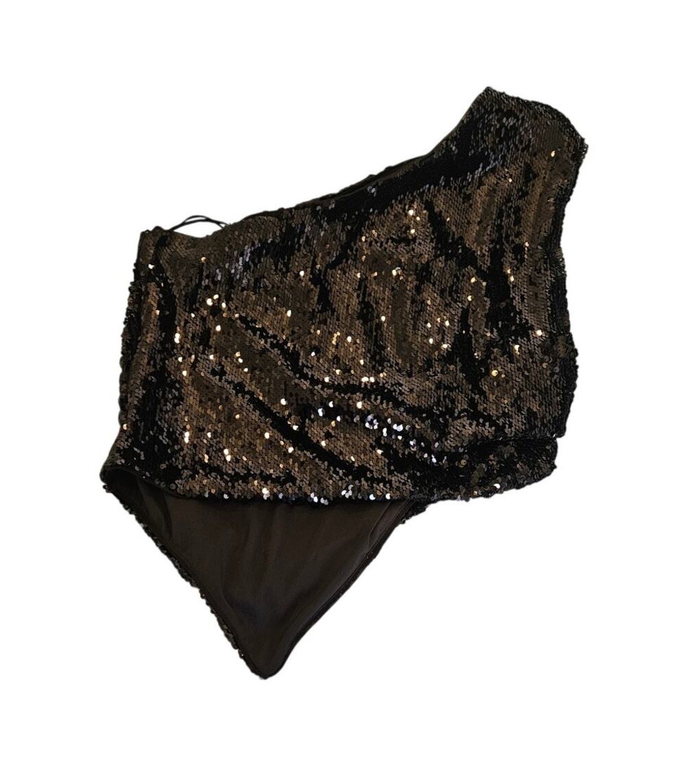 KHY Black One Shoulder Sequin Cropped Asymmetrical Party Top Size L